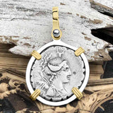 Roman Republic Silver Denarius Serratus 81 BC Diana 14K Gold and Sterling Silver Pendant