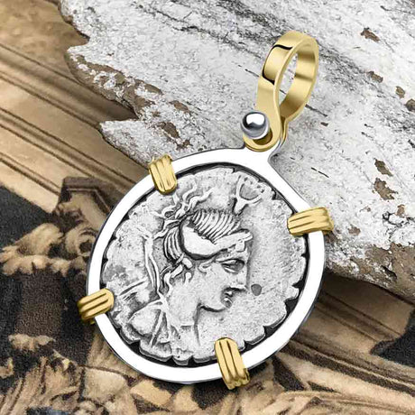 Roman Republic Silver Denarius Serratus 81 BC Diana 14K Gold and Sterling Silver Pendant