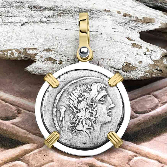 Roman Republic Silver Denarius 57 BC Bonus Eventus - Success & Good Fortune 14K Gold and Sterling Silver Pendant