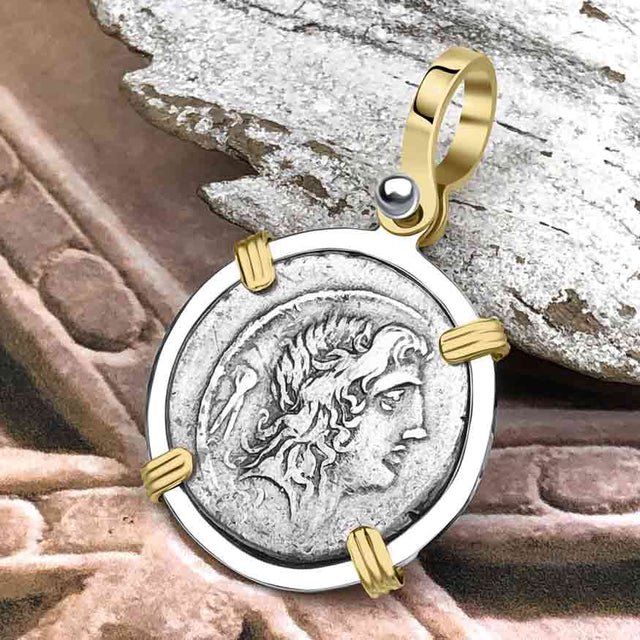 Roman Republic Silver Denarius 57 BC Bonus Eventus - Success & Good Fortune 14K Gold and Sterling Silver Pendant