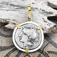 Roman Republic Silver Denarius 104 BC Roma & Saturn 14K Gold & Sterling Silver Pendant