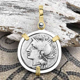 Roman Republic Silver Denarius 104 BC Roma & Saturn 14K Gold & Sterling Silver Pendant
