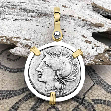 Roman Republic Silver Denarius 104 BC Roma & Saturn 14K Gold & Sterling Silver Pendant
