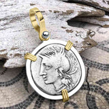 Roman Republic Silver Denarius 104 BC Roma & Saturn 14K Gold & Sterling Silver Pendant