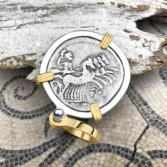 Roman Republic Silver Denarius 104 BC Roma & Saturn 14K Gold & Sterling Silver Pendant
