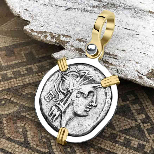 Roman Republic Silver Denarius 91 BC Roma & Victory 14K Gold and Sterling Silver Pendant