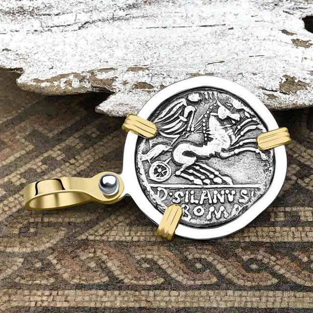 Roman Republic Silver Denarius 91 BC Roma & Victory 14K Gold and Sterling Silver Pendant