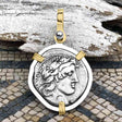 Roman Republic Silver Denarius 90 BC Apollo and Minerva 14K Gold and Sterling Silver Pendant