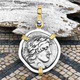 Roman Republic Silver Denarius 90 BC Apollo and Minerva 14K Gold and Sterling Silver Pendant