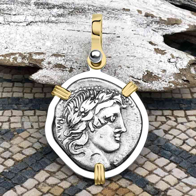 Roman Republic Silver Denarius 90 BC Apollo and Minerva 14K Gold and Sterling Silver Pendant