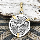 Roman Republic Silver Denarius 90 BC Apollo and Minerva 14K Gold and Sterling Silver Pendant