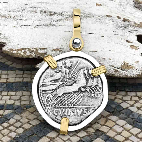 Roman Republic Silver Denarius 90 BC Apollo and Minerva 14K Gold and Sterling Silver Pendant