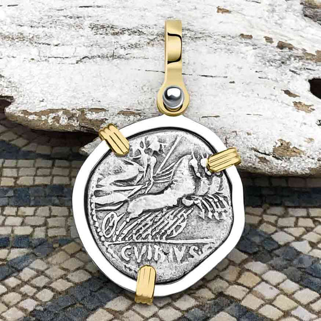 Roman Republic Silver Denarius 90 BC Apollo and Minerva 14K Gold and Sterling Silver Pendant