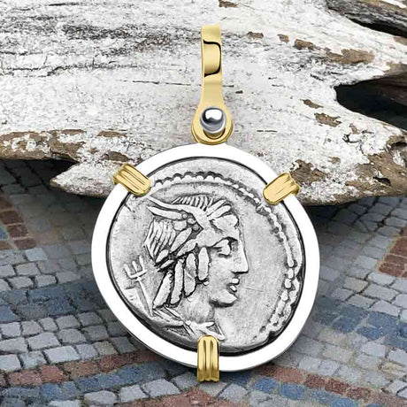 Roman Republic Silver Denarius 85 BC Apollo and Victory 14K Gold and Sterling Silver Pendant