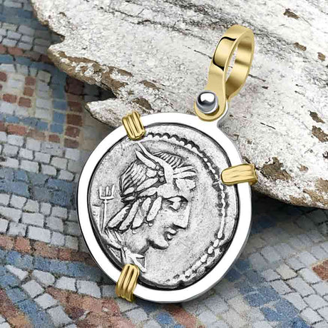 Roman Republic Silver Denarius 85 BC Apollo and Victory 14K Gold and Sterling Silver Pendant