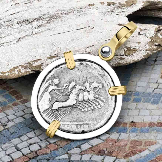Roman Republic Silver Denarius 85 BC Apollo and Victory 14K Gold and Sterling Silver Pendant