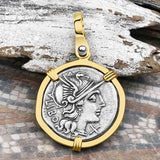 Roman Republic Silver Denarius 148 BC Roma & the Gemini Twins 14K Gold Pendant