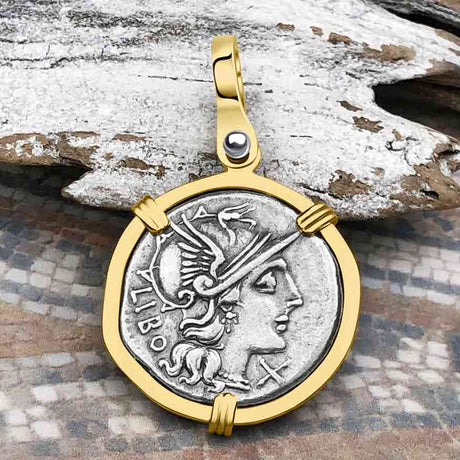 Roman Republic Silver Denarius 148 BC Roma & the Gemini Twins 14K Gold Pendant