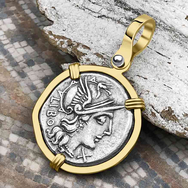 Roman Republic Silver Denarius 148 BC Roma & the Gemini Twins 14K Gold Pendant