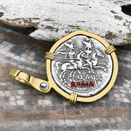 Roman Republic Silver Denarius 148 BC Roma & the Gemini Twins 14K Gold Pendant