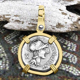 Roman Republic Silver Denarius 115 BC Roma & Victory 14K Gold Pendant 