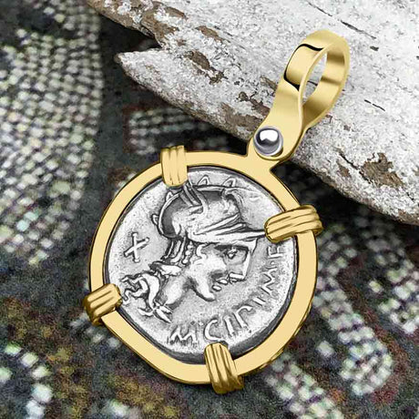 Roman Republic Silver Denarius 115 BC Roma & Victory 14K Gold Pendant 