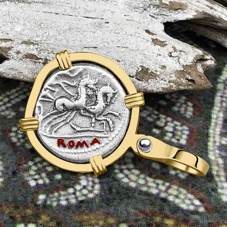Roman Republic Silver Denarius 115 BC Roma & Victory 14K Gold Pendant 