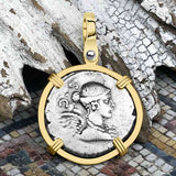 Roman Republic Silver Denarius 46 BC Victory 14K Gold Pendant