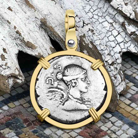 Roman Republic Silver Denarius 46 BC Victory 14K Gold Pendant