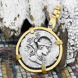 Roman Republic Silver Denarius 46 BC Victory 14K Gold Pendant