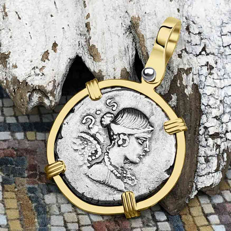 Roman Republic Silver Denarius 46 BC Victory 14K Gold Pendant