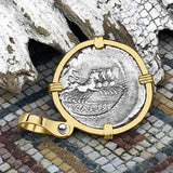 Roman Republic Silver Denarius 46 BC Victory 14K Gold Pendant