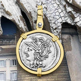 Roman Republic Silver Denarius 104 BC Roma & Saturn 14K Gold Pendant