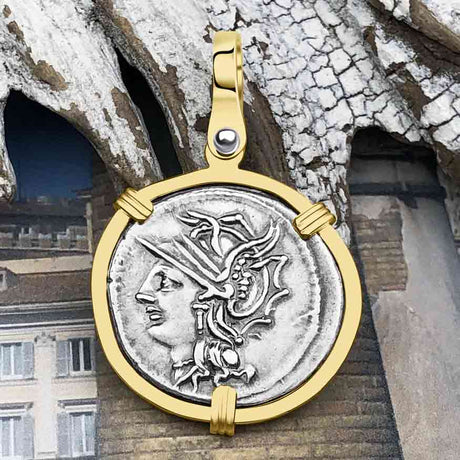 Roman Republic Silver Denarius 104 BC Roma & Saturn 14K Gold Pendant