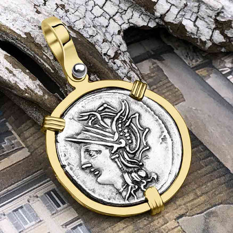 Roman Republic Silver Denarius 104 BC Roma & Saturn 14K Gold Pendant