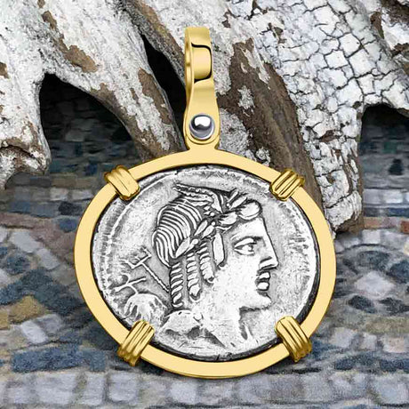 Roman Republic Silver Denarius 85 BC Apollo and Victory 14K Gold Pendant