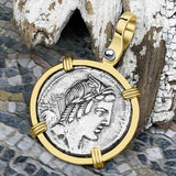 Roman Republic Silver Denarius 85 BC Apollo and Victory 14K Gold Pendant