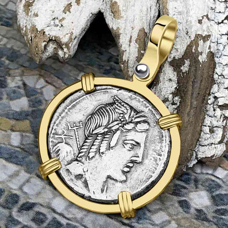 Roman Republic Silver Denarius 85 BC Apollo and Victory 14K Gold Pendant