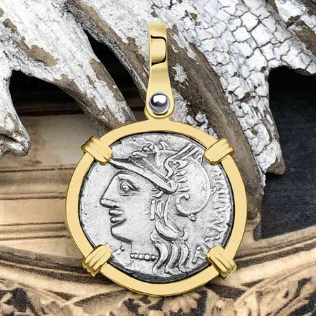 Roman Republic Silver Denarius with Roma Coin 137 BC 14K Gold Pendant