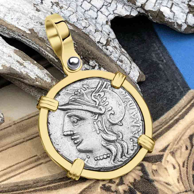 Roman Republic Silver Denarius with Roma Coin 137 BC 14K Gold Pendant