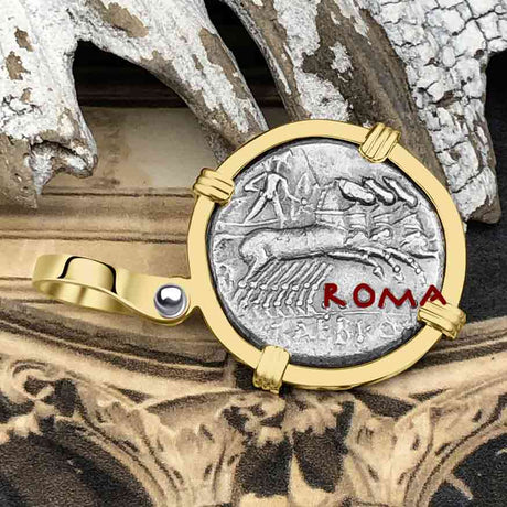 Roman Republic Silver Denarius with Roma Coin 137 BC 14K Gold Pendant