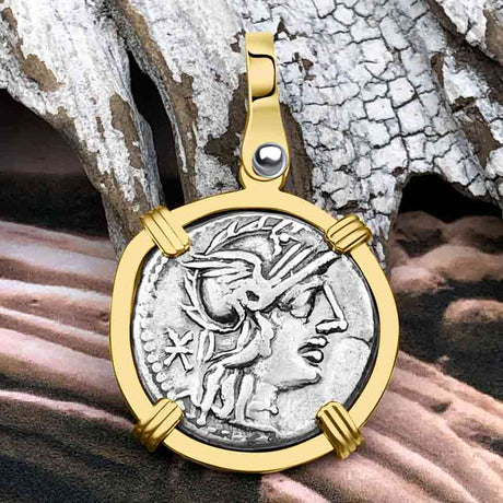 Roman Republic Silver Denarius 128 BC Roma 14K Gold Pendant