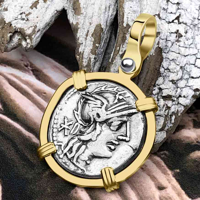 Roman Republic Silver Denarius 128 BC Roma 14K Gold Pendant