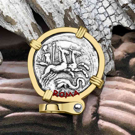 Roman Republic Silver Denarius 128 BC Roma 14K Gold Pendant