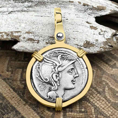 Roman Republic Silver Denarius 111 BC Roma & Victory 14K Gold Pendant