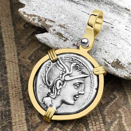 Roman Republic Silver Denarius 111 BC Roma & Victory 14K Gold Pendant