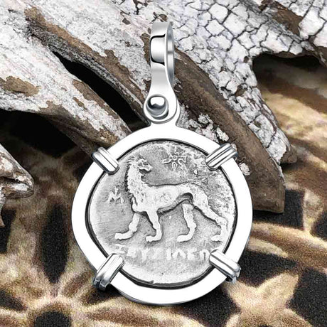 Ancient Greek Lion & Apollo Miletos Silver Drachm 350 BC Sterling Silver Pendant