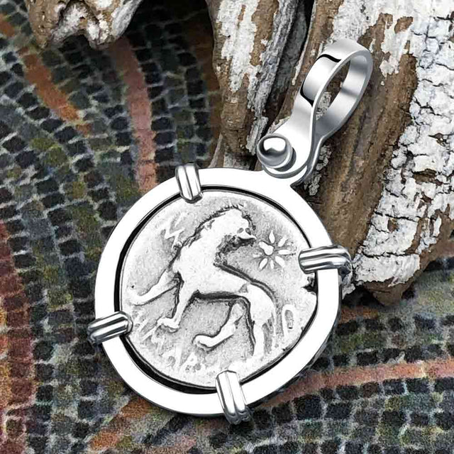 Ancient Greek Lion & Apollo Miletos Silver Drachm 350 BC Sterling Silver Pendant