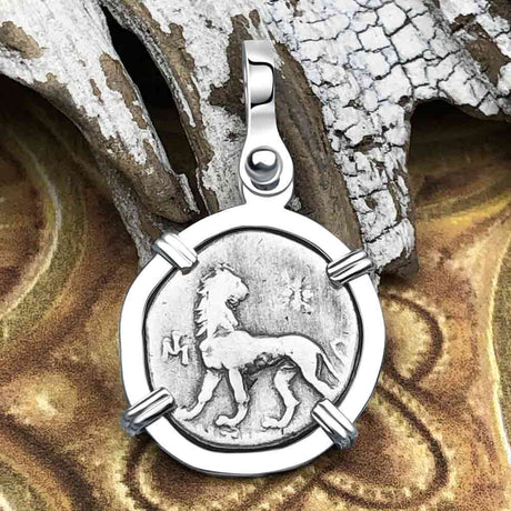 Ancient Greek Lion & Apollo Miletos Silver Drachm 350 BC Sterling Silver Pendant