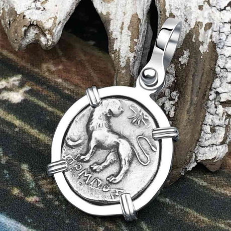 Ancient Greek Lion & Apollo Miletos Silver Drachm 350 BC Sterling Silver Pendant